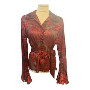 Y2K Red Burnout Satin Sheer Blouse Sz 10 Whimsigoth Romantic Glam Bell Sleeve